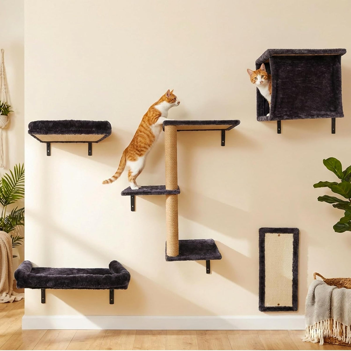 6 in 1 Cat Wall Shelves Climbing System with Sisal Scratching Perch