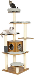 69”H Tall Wood Cat Tree, Large Cat Tower Multi-Level Platforms with Sisal Scratching Posts, Cat Condo for Large Cats 20 lbs Heavy Duty (69” H Wood Brown)