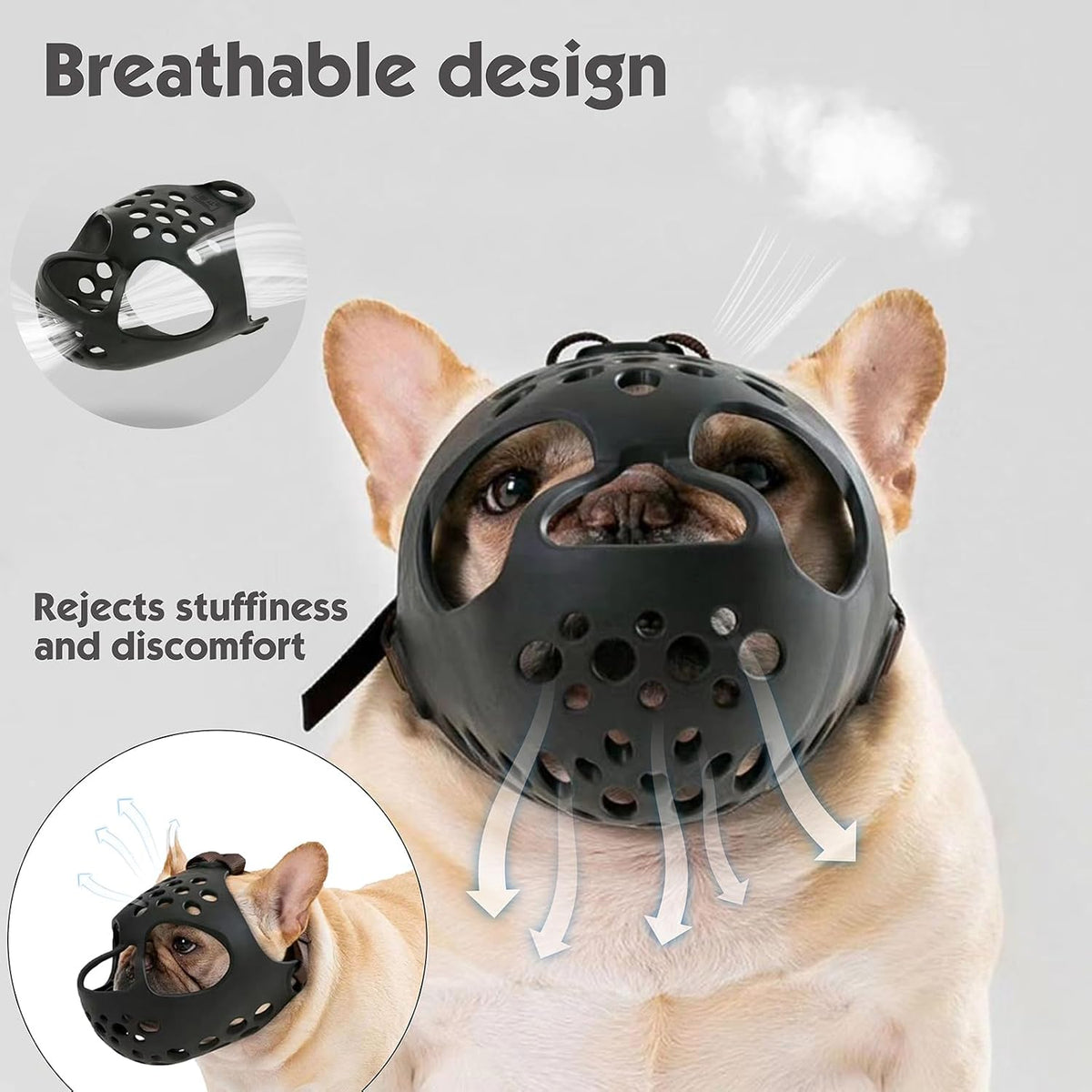Short Snout Dog Muzzle- Adjustable Soft Silicone Flat Faced Bulldog Muzzle Breathable Dog Mask for Biting Chewing Training Licking and Grooming (Black, S（Head 13.0"-14.5"）)
