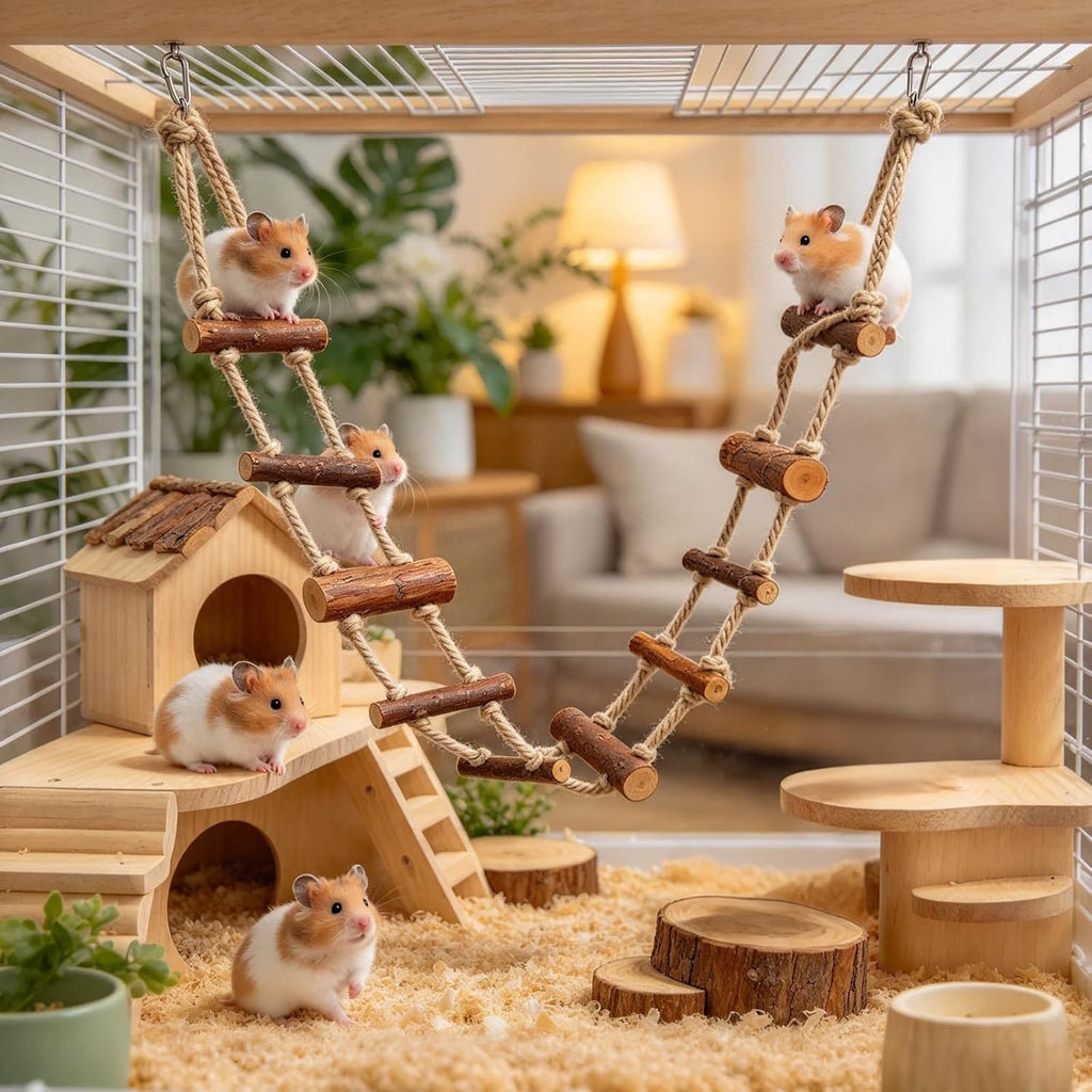 Hamster Climbing Ladder Long, 39.4in Pet Hanging Rat Climbing Toy, Wooden Hamster Suspension Bridge with Hooks, Climbing Rope Rat Bird Bridges for Cage, Sugar Gliders