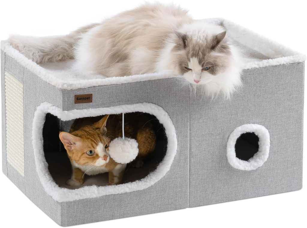 Garnpet Cat Bed for Indoor Cats Cube House, Covered Cat Cave Beds & Furniture with Scratch Pad and Hideaway Tent, Cute Modern Cat Condo for Multi Small Pet Large Kitten Kitty, Grey