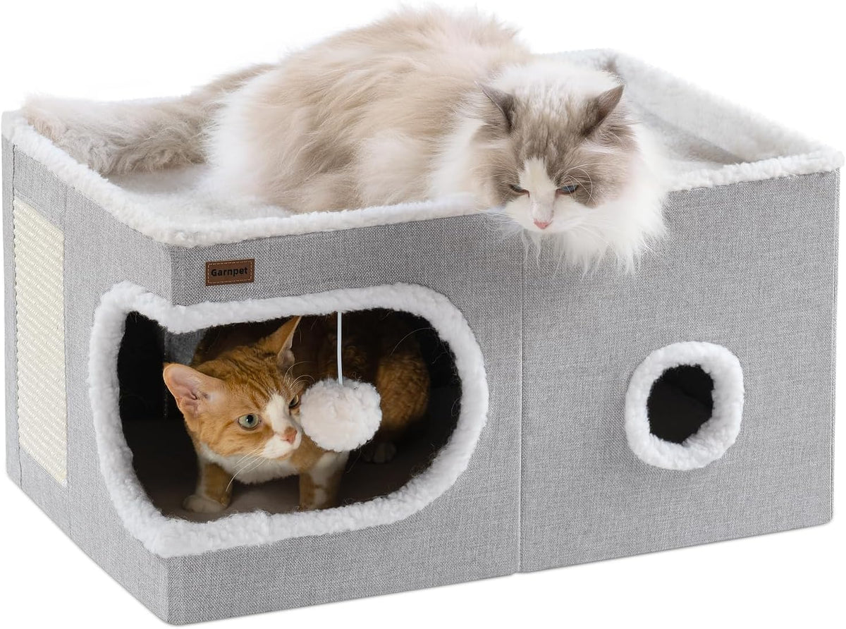 Garnpet Cat Bed for Indoor Cats Cube House, Covered Cat Cave Beds & Furniture with Scratch Pad and Hideaway Tent, Cute Modern Cat Condo for Multi Small Pet Large Kitten Kitty, Grey