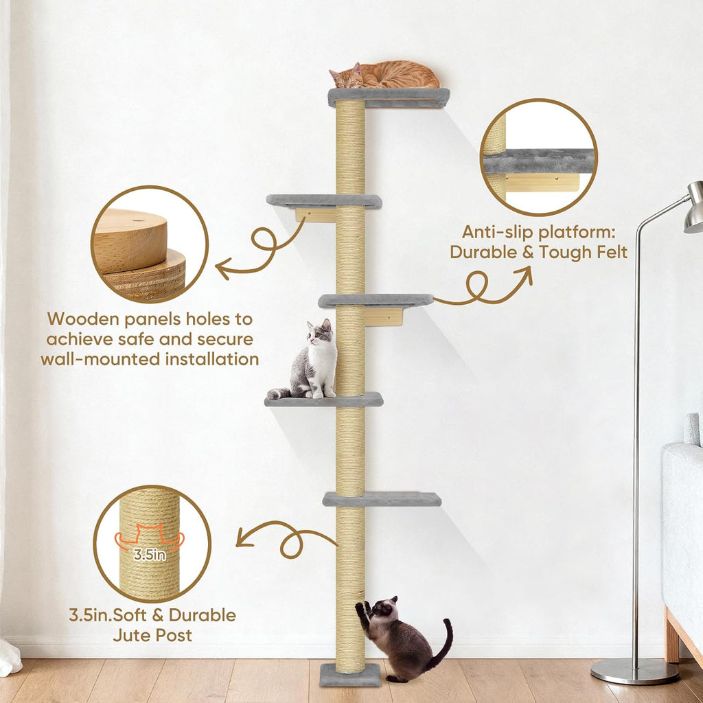 PAWSCRAT 5-Tier Wall-Mounted Cat Tree, 80-Inch Sisal Cat Post, Gray