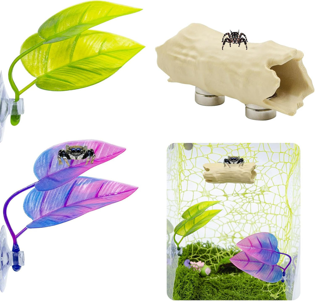 3 Pack Jumping Spider Enclosure Accessories, 1 Plastic Tree Trunk Hide with Magnet, 2 Plastic Simulated Leaf Habitat Platform with Suction Cups, Jumping Spider Enclosure Decorations
