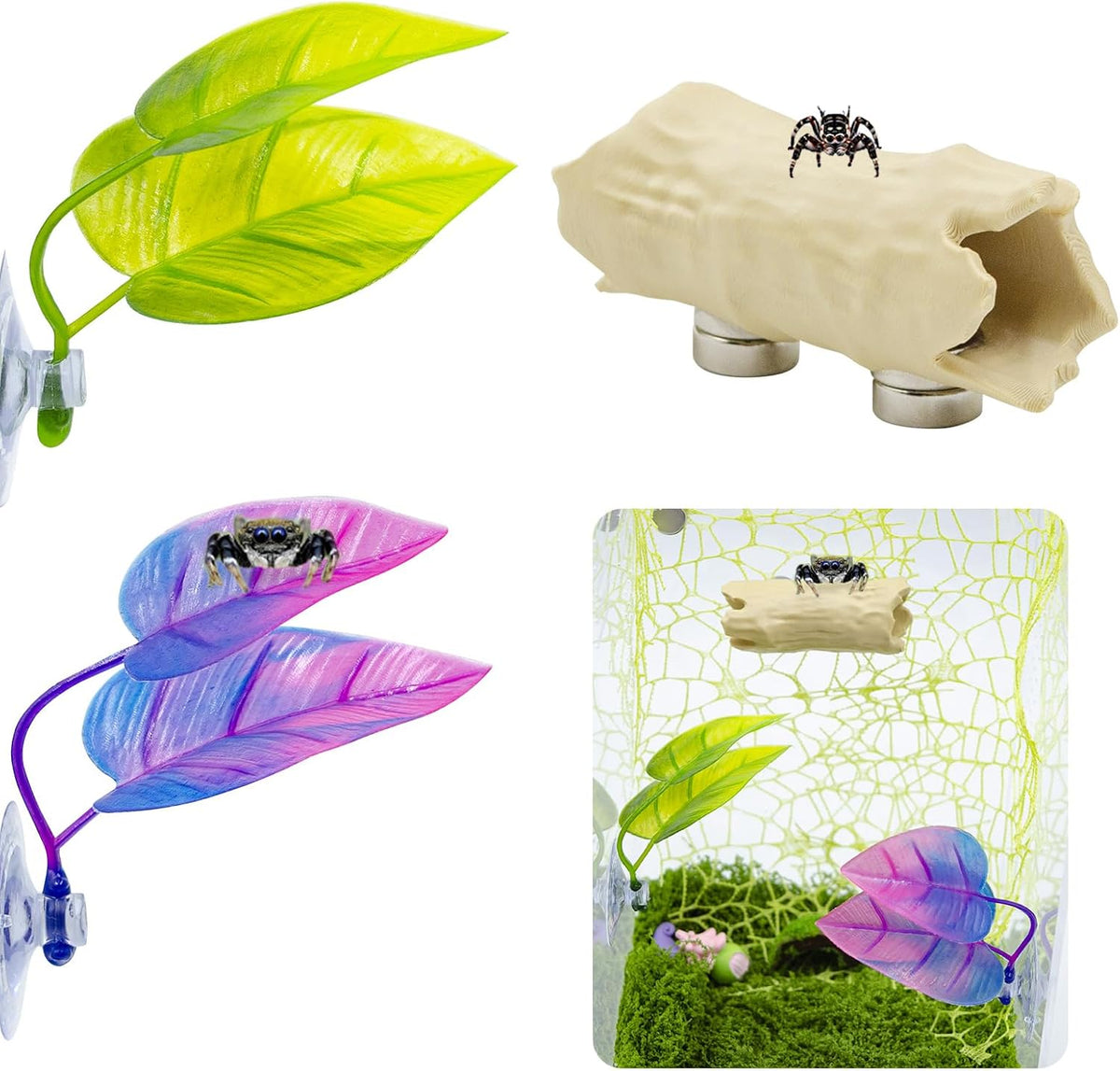 3 Pack Jumping Spider Enclosure Accessories, 1 Plastic Tree Trunk Hide with Magnet, 2 Plastic Simulated Leaf Habitat Platform with Suction Cups, Jumping Spider Enclosure Decorations