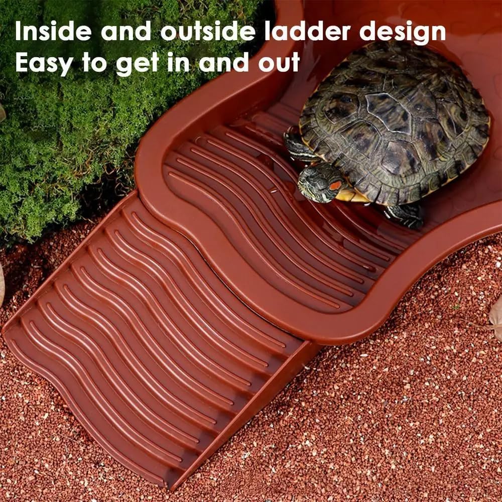 Extra Large Reptile Bathing Pool Reptile Feeding Dish Water Bowl with Ramp Aquarium Ornament for Gecko, Snake, Turtle, Bearded Dragon, Lizard Bath (Brown Red)