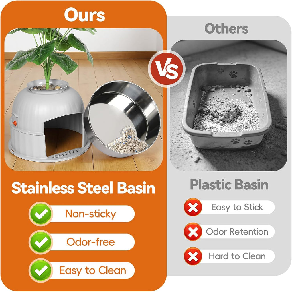 Hidden Plant Litter Box with Scoop, Stainless Steel Litter Box Plant, Grey