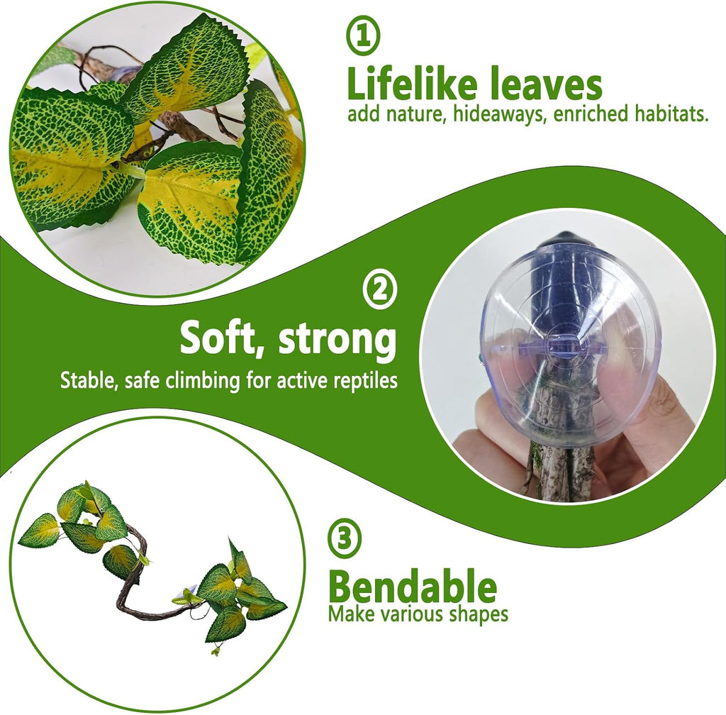 BNOSDM 2PCS Reptile Climbing Branch, Bendable Jungle Vine with Leaves Terrarium Plant Decoration with Suction Cup Chameleon Cage Accessories for Gecko Lizard Bearded Dragons Snake (Vinca Leaf)