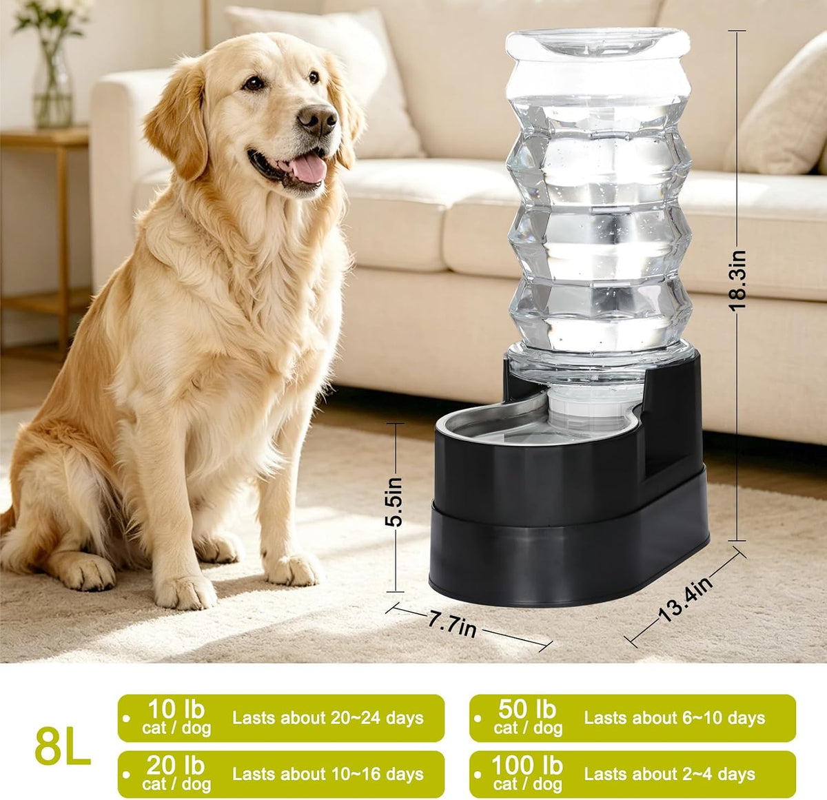 RIZZARI 8L Elevated Dog Water Dispenser: Gravity Waterer for Large Dogs