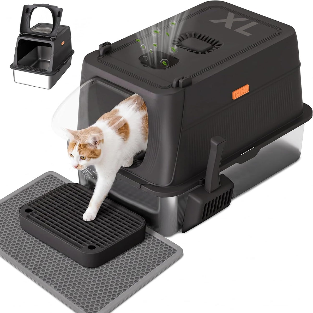 XL Extra Large, High Sided Enclosed Cat Litter Box, Activated Carbon Odor Control, Anti-Leak, Mat Scoop & Step, Black
