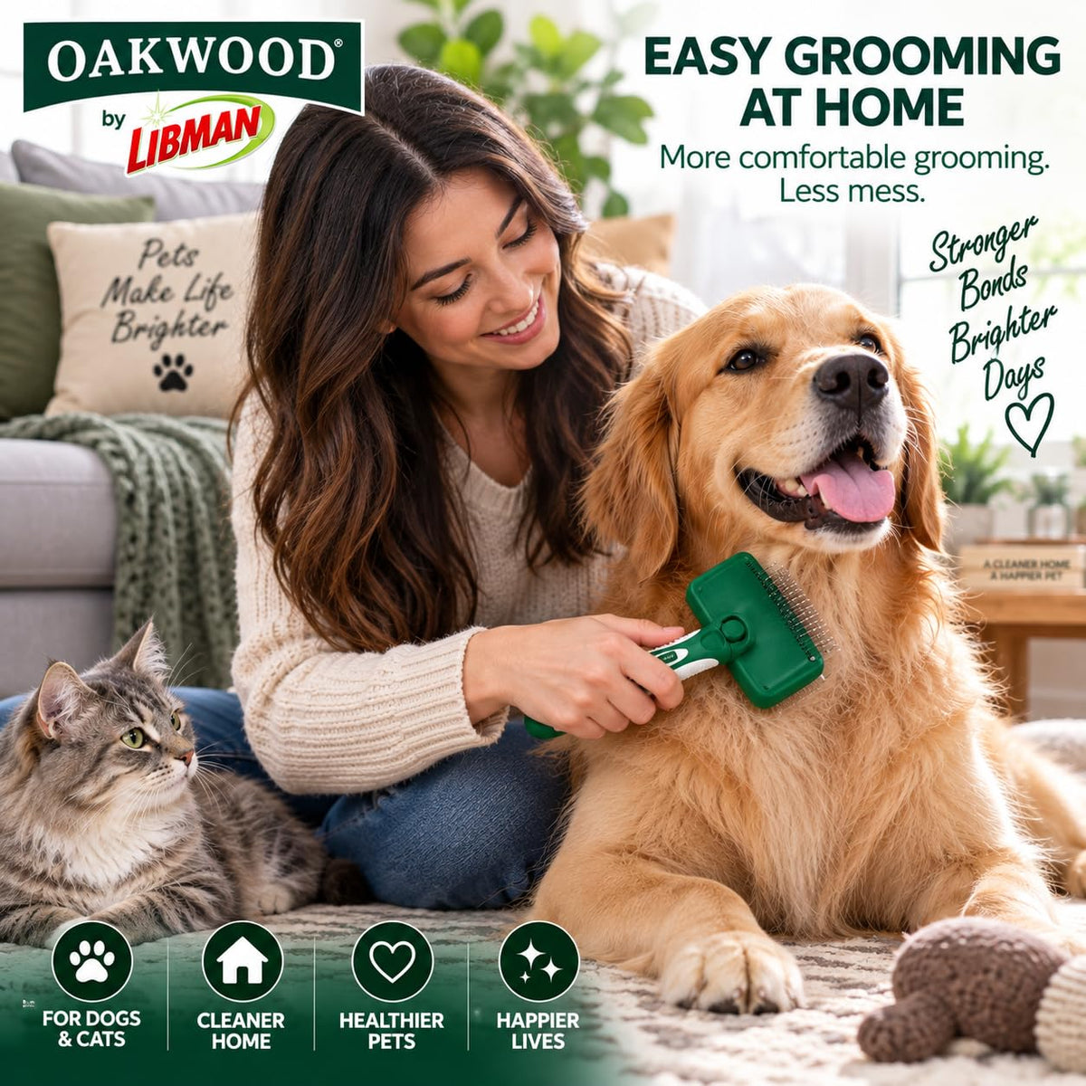 Oakwood by Libman Self Cleaning Slicker Brush for Dogs & Cats – Dog Brush for Shedding, Detangling & Grooming – Removes Loose Hair, Tangles & Dander – Click-to-Clean – Long, Short, Curly & Wiry Coats