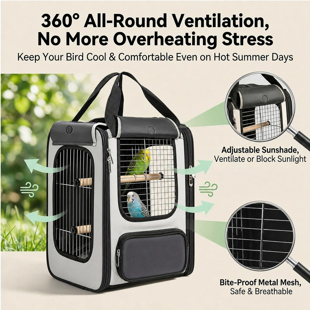Bird Carrier Backpack, Breathable 3-Side Metal Mesh Bird Cage with Skylight, Large Opening Portable Travel Pet Cage for Parrot, Parakeet, Wildbird,Gray,Luxury