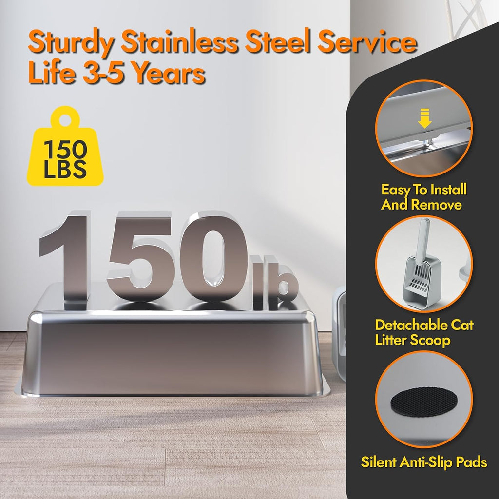Stainless Steel Cat Litter Box with Lid, 20" L x 14.2" W x11.8 H, Large Cat Litter Box for Multiple Cats with High Sided, No-Leak & Stick, Easy to Clean, Includes Litter Mat & Multi Functional Scoop