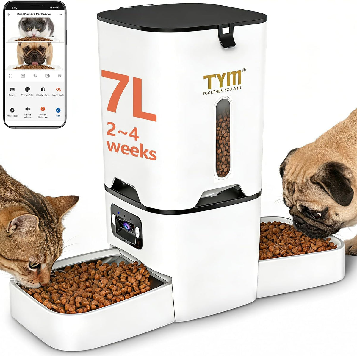 Automatic Cat Feeder with 2 HD Camera for 2 Cats, 7L Large Food Dispenser