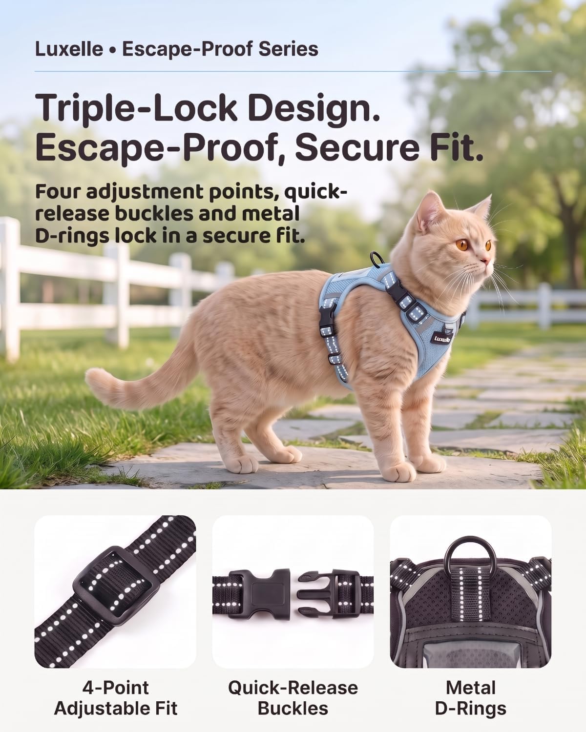 Luxelle Escape Proof Cat Harness with Retractable Leash & Wrist Strap Set