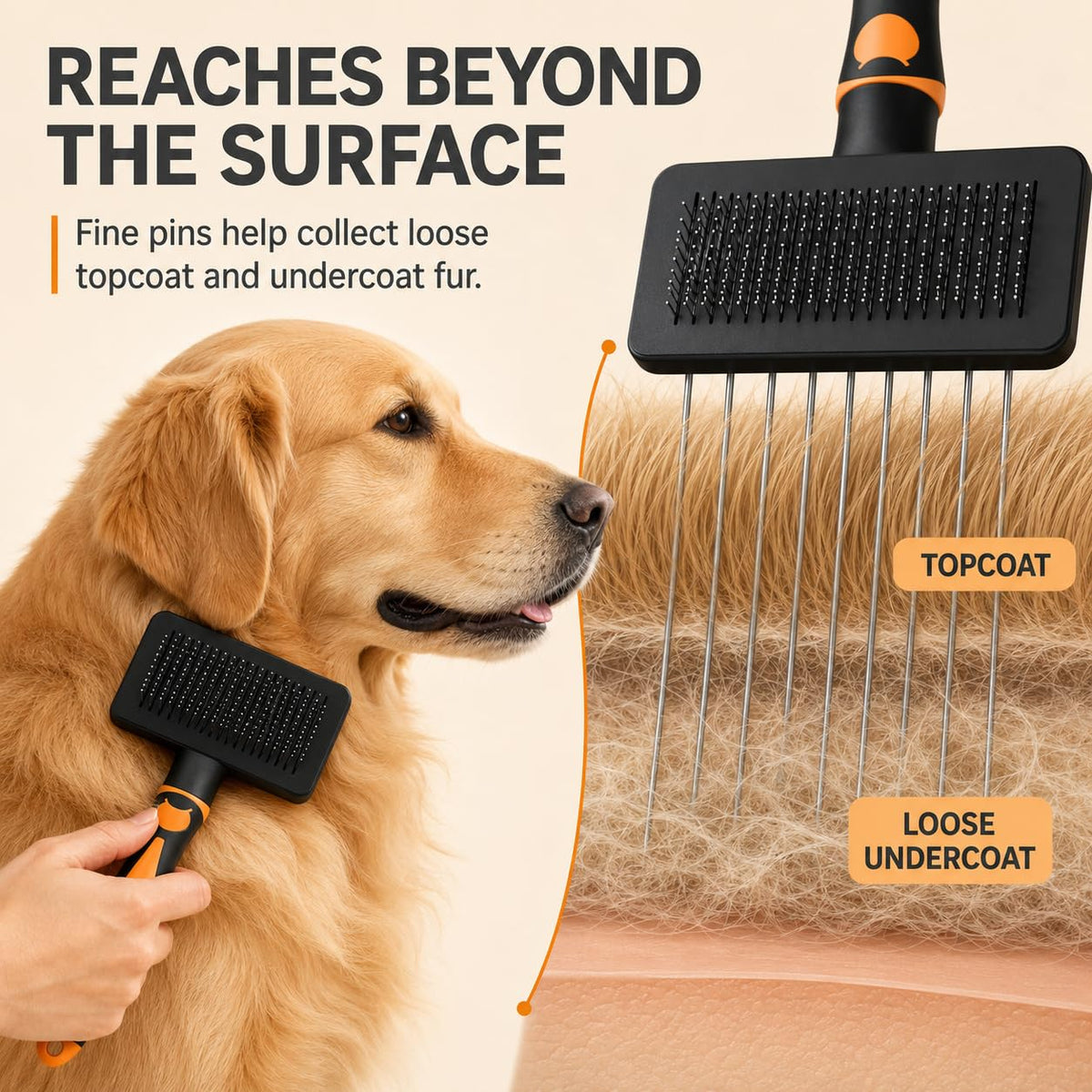 Self-Cleaning Slicker Brush for Dogs & Cats, Extra-Long Pins for Long & Short Hair, Large Grooming Brush for Deshedding, Detangling & Undercoat Removal, Orange