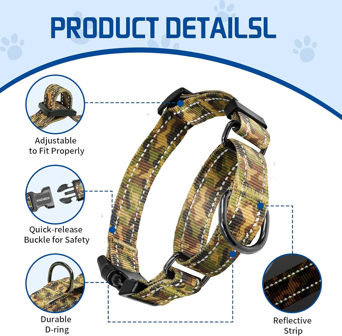 Kazazoo Reflective Martingale Collar for Dogs with Quick Release Buckle Adjustable Soft Durable Dog Collar for Small Medium Large No Pull Training Dog Collars-Camo M
