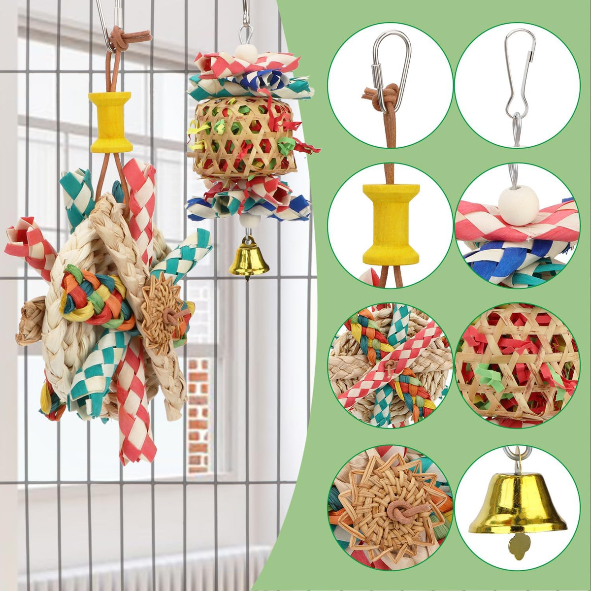 Hypeety Bird Foraging Toys Natural Seagrass Woven Hanging Shredder for Cage