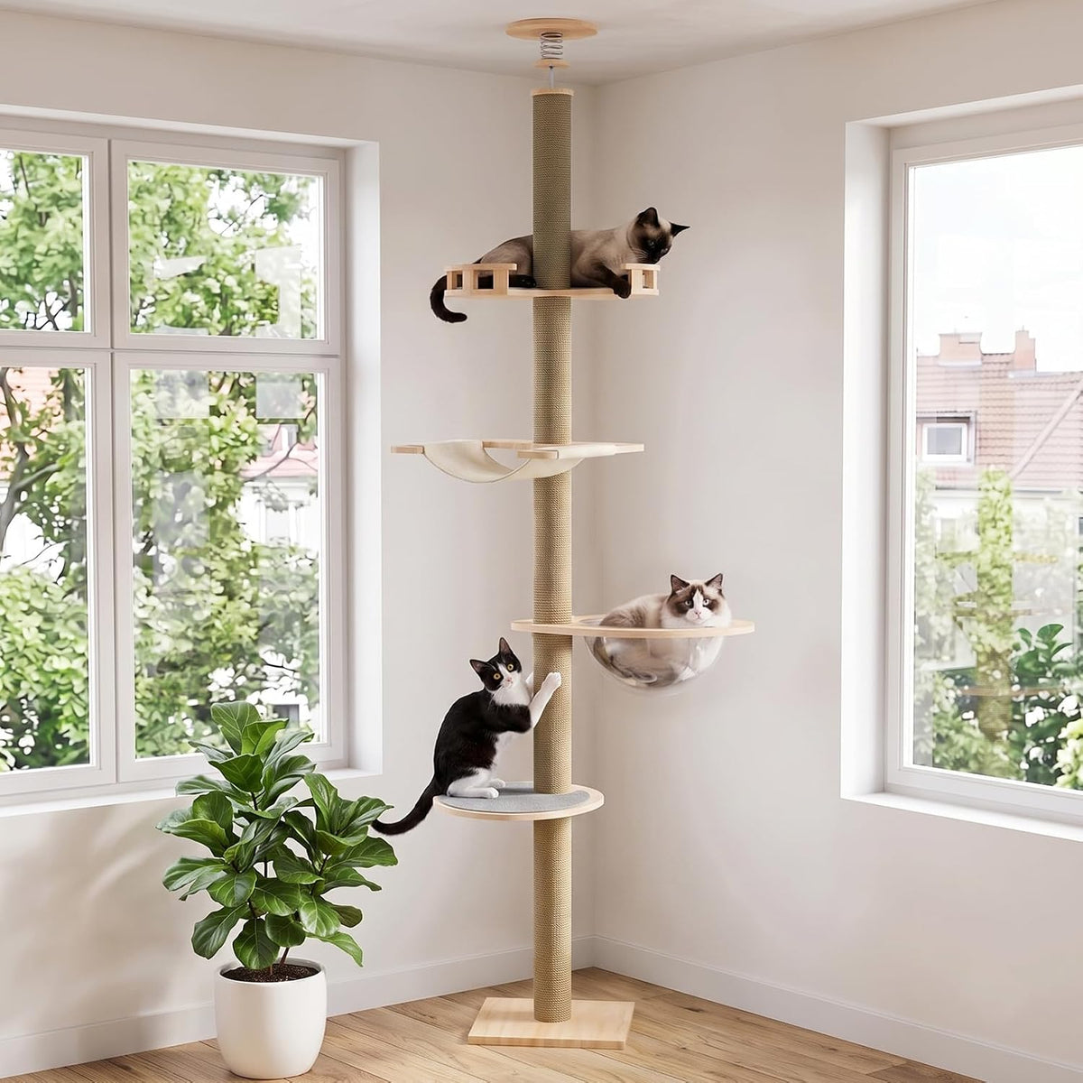 Floor to Ceiling Cat Tree Tower, 4T Adjustable Height 93.3-113”