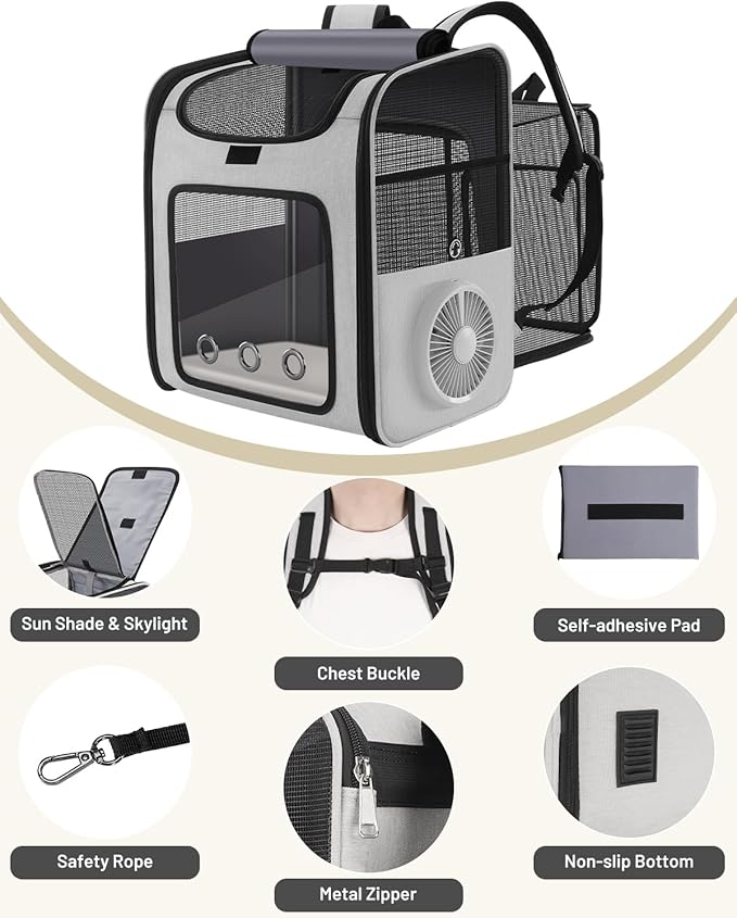 Cat Backpack Carrier with Built-in Cooling Fan & Heating Pad, Expandable Pet - Image 9