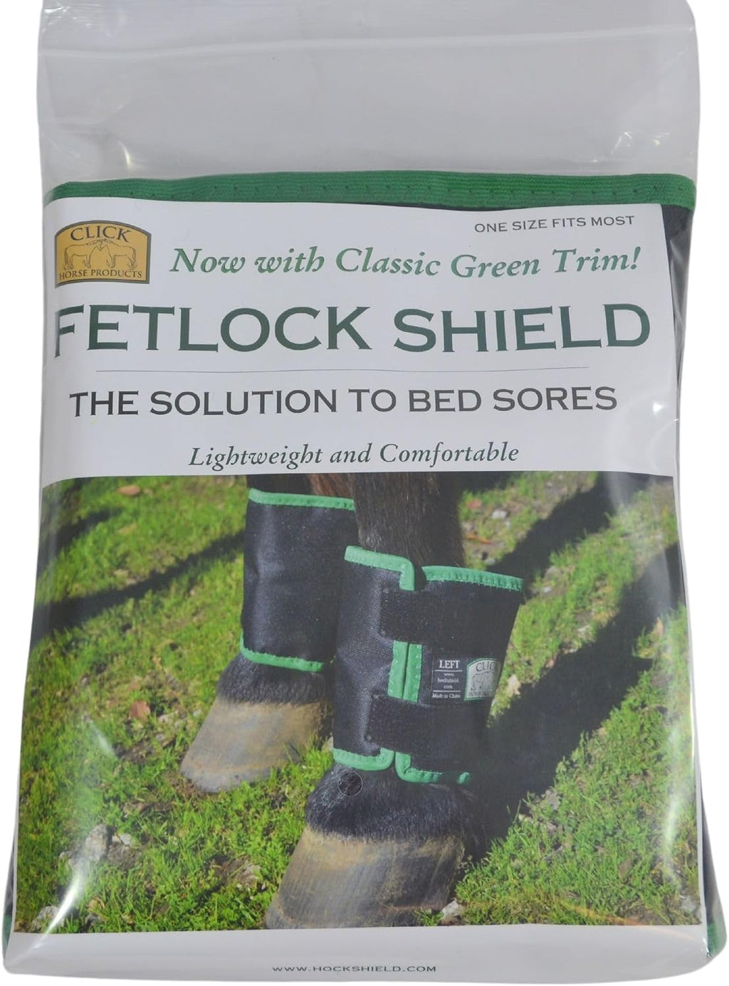 Click Horse Fetlock Shield, Horse Wrap, Prevents Pressure Sores & Bed Sores Fetlock Shields for Horses, Protection Horse Boots, Bedsore Boots, Nylon Lined Interior Black w/Green Trim - One Size
