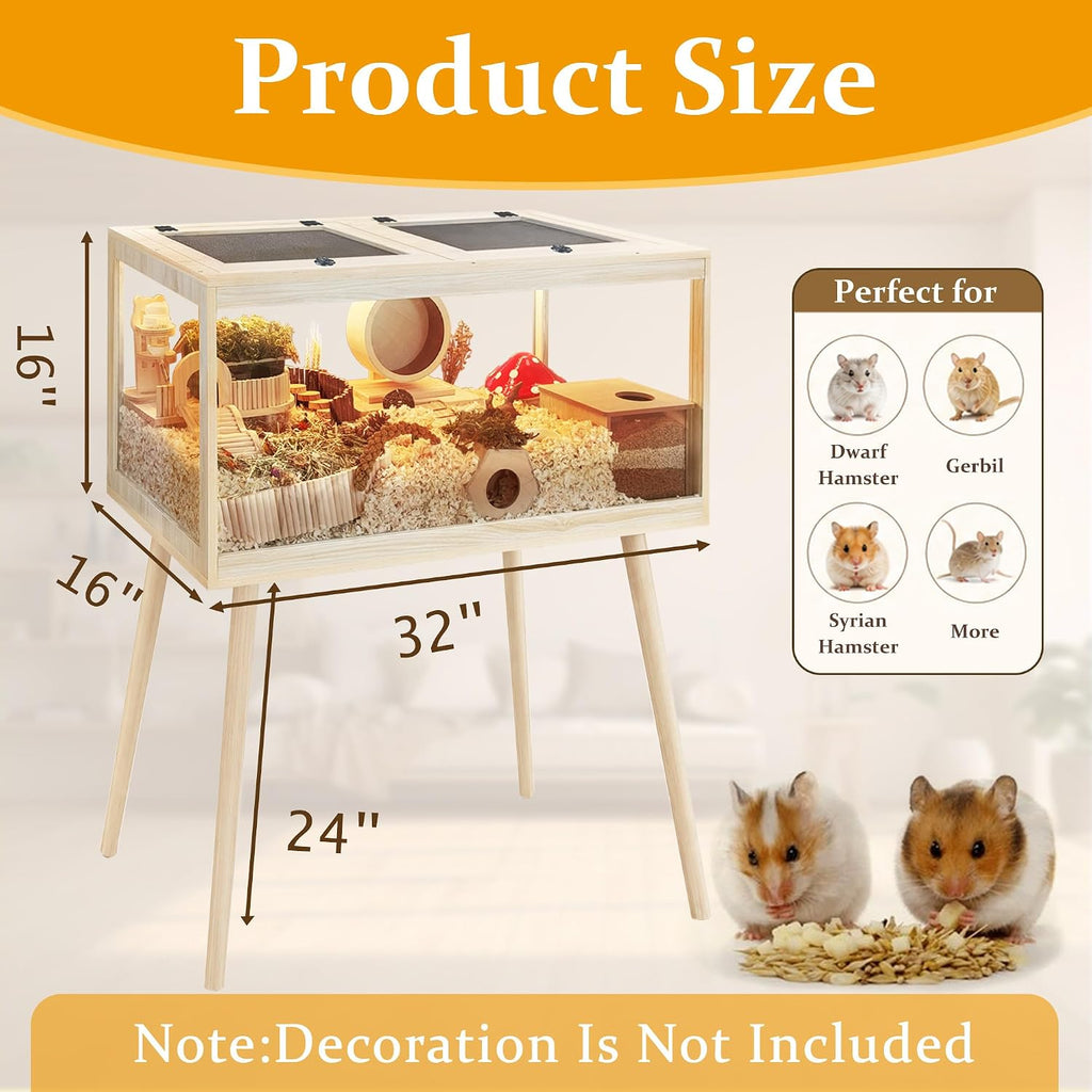PROLEE Hamster Cage Chewproof, Mice and Rat Habitat with Transparent Sides, Hamster Cage with Openable Mesh Top, Solid Built with Lock Design and Leg Stand, 32" Long
