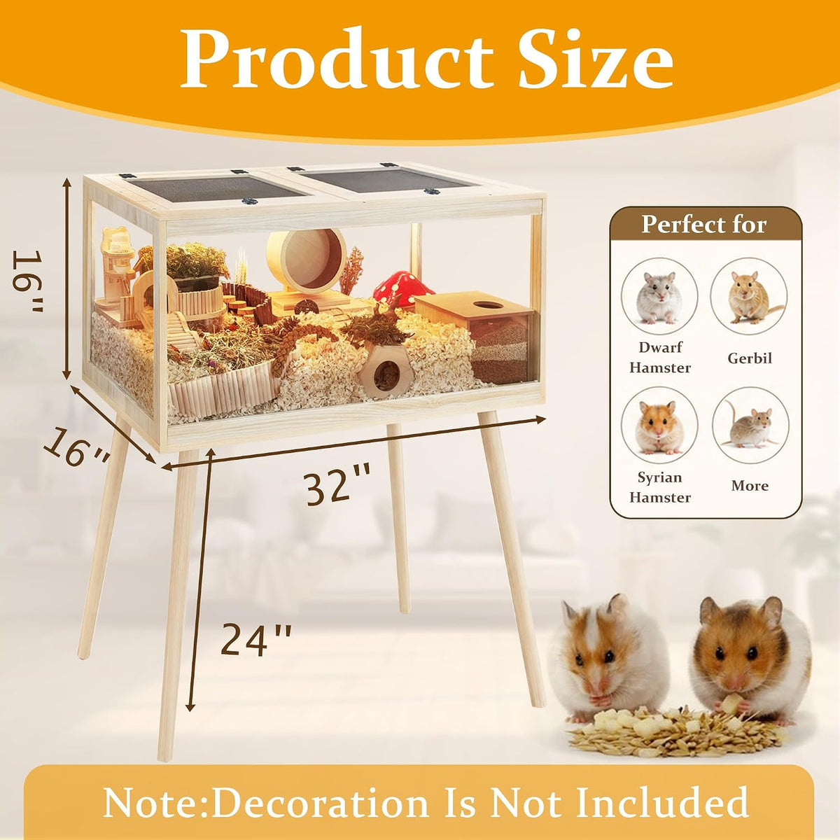 PROLEE Hamster Cage Chewproof, Mice and Rat Habitat with Transparent Sides, Hamster Cage with Openable Mesh Top, Solid Built with Lock Design and Leg Stand, 32" Long