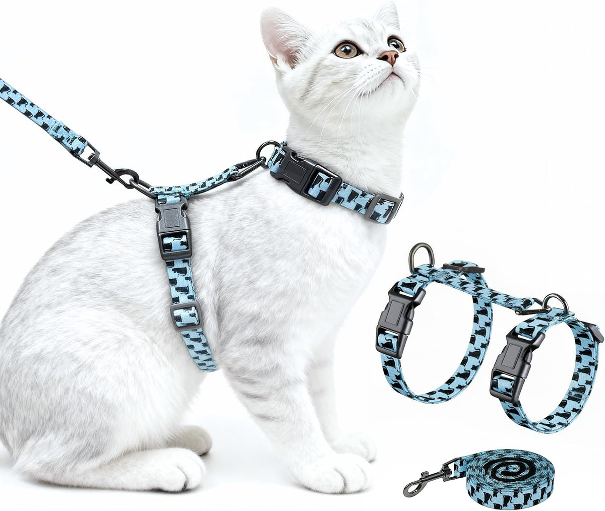 Halypet Cat Harness and Leash Set, Escape Proof 3-in-1 Adjustable Harness for Cats & Kitten, Soft Lightweight, Easy On & Control for Walking, Travel & Outdoor Use, Light Blue Kitty, Medium
