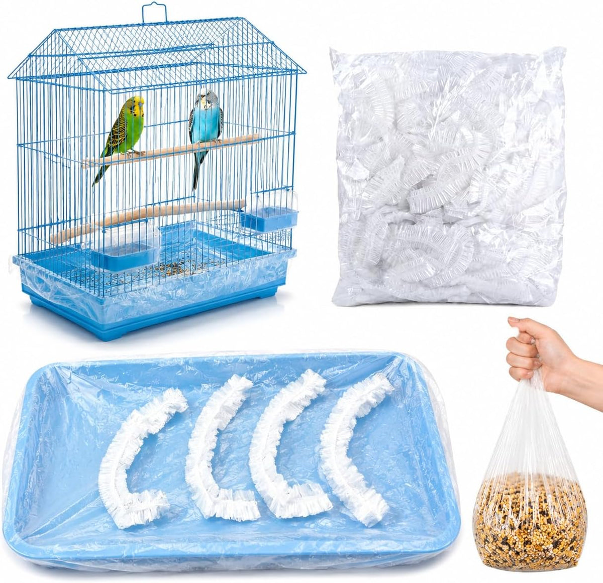 50 Pack Disposable Bird Cage Liners, Clear Plastic Cage Tray Liner Bags, Elastic Edge Disposable Liners for Parrots, Canaries, Cockatiels and Small Animals, 24 x 16 Inches