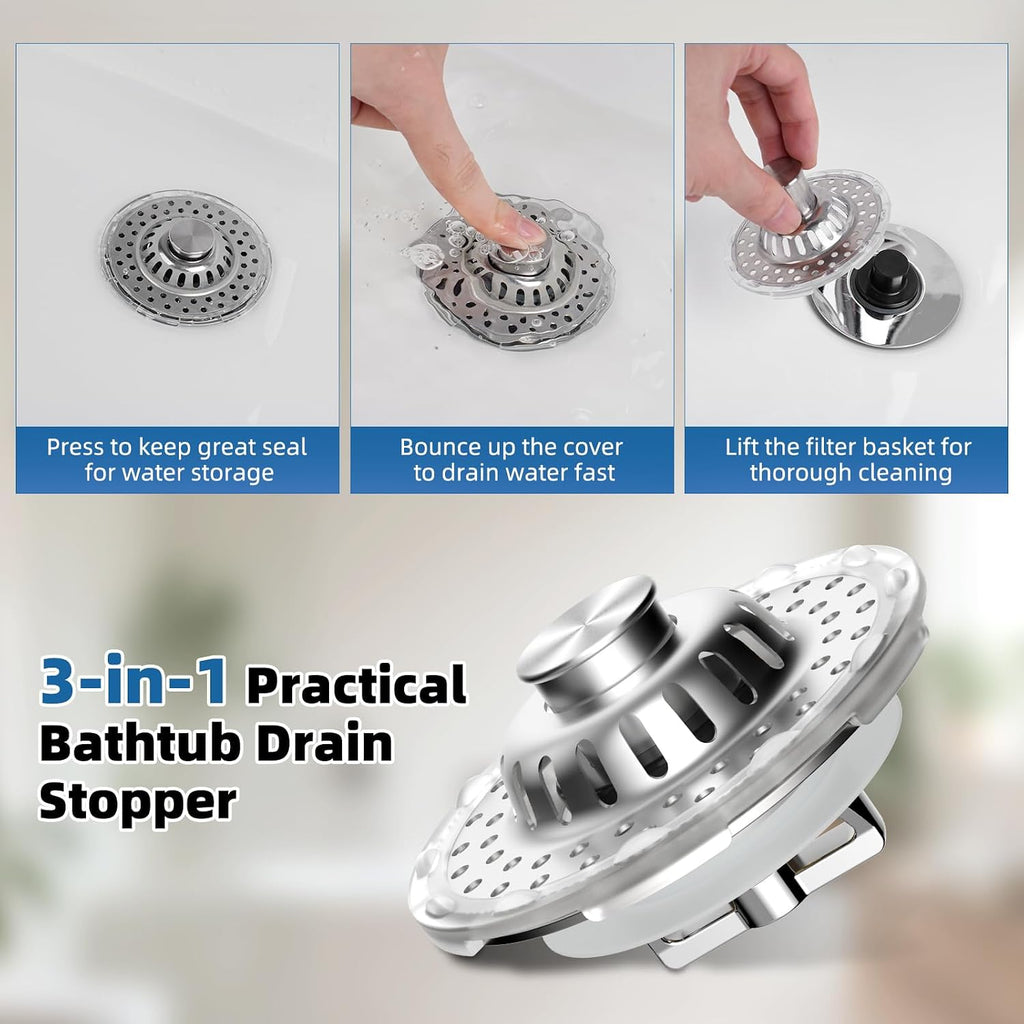 2PCS Universal Bathtub Drain Stopper, All Metal Top Hair Catcher, Chrome