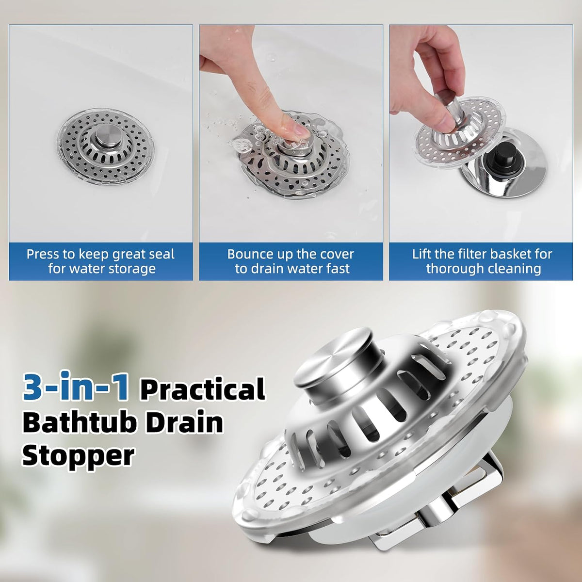 2PCS Universal Bathtub Drain Stopper, All Metal Top Hair Catcher, Chrome