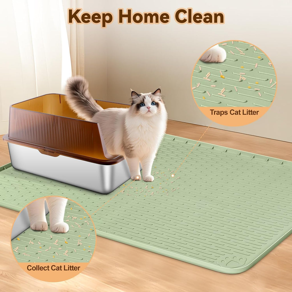 Rolcoassun Silicone cat Litter mat, 34" x 22" Litter Tray mat, Light Green