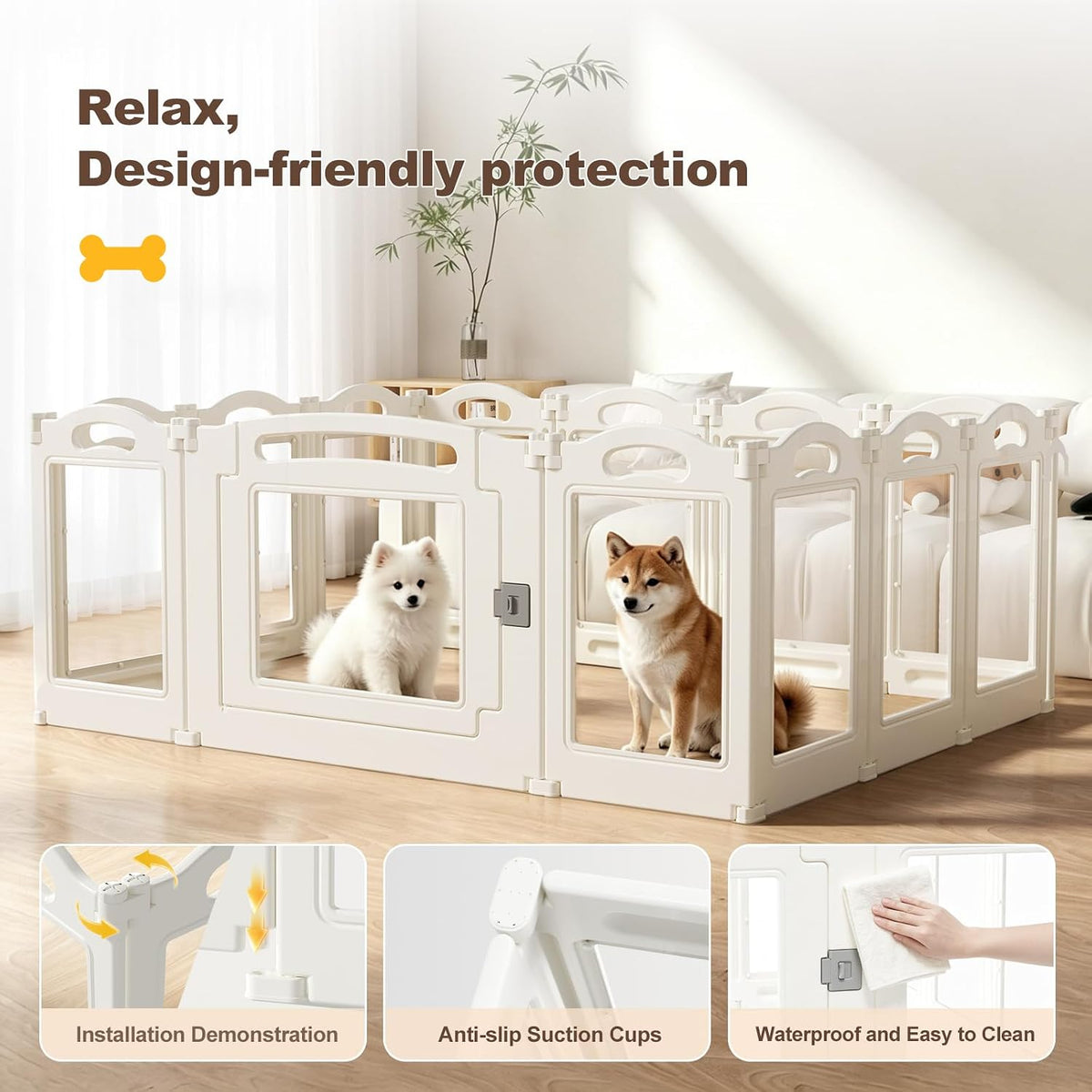 Foldable Clear Acrylic Dog Playpen with Door, 23.6" Acrylic Puppy Playpen, Easy Assemble Indoor Pet Fence with White Frame, Clear Dog Playpen for Puppies & Animal (White, 23.6‘H, 16 Panels + 1 Door)