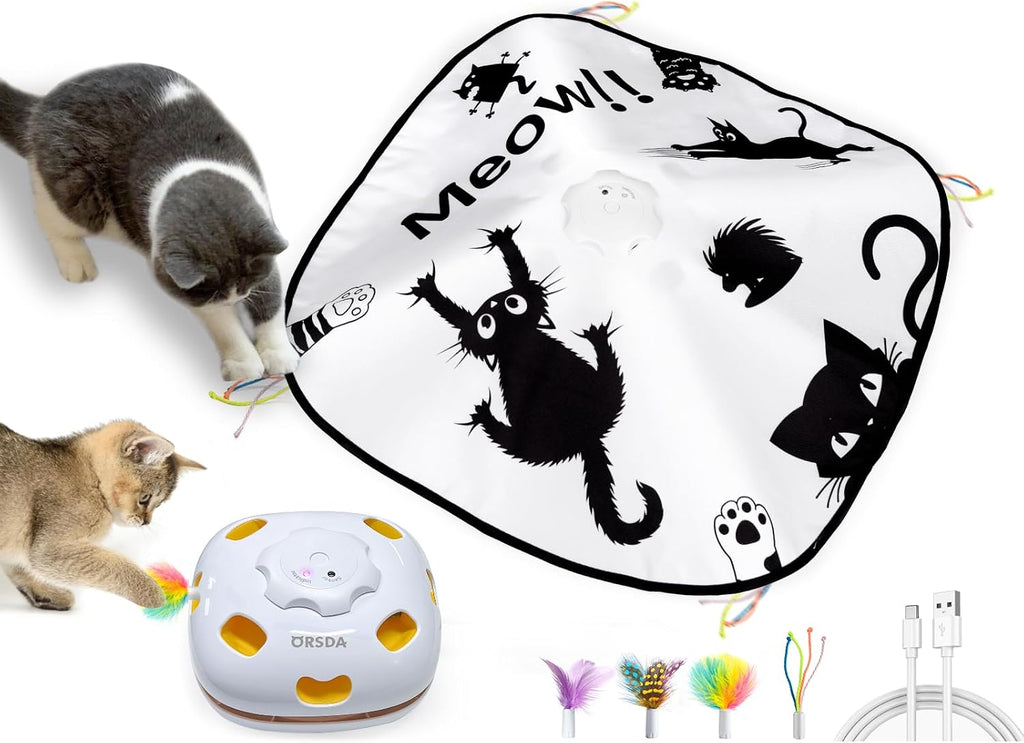 ORSDA Cat Toys for Indoor Cats, 4 in 1 Interactive Automatic Kitten Toys Hide and Seek with Mat, 8 Holes Mice Whack-A-Mole, Moving Wand Teaser Feathers,Rechargeable Electric Exercise Kicker Kitty Toy