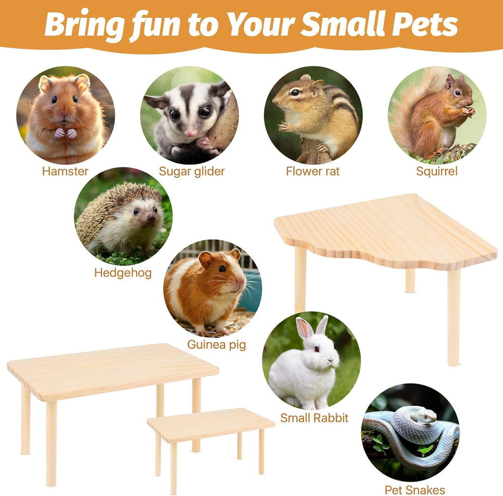 3 Pcs Hamster Platforms, Natural Pine Hamster Play Table, Rectangular & Triangle Hamsters Wooden Playground with Platforms for Hamsters, Gerbils, Mice, Squirrel, Small Pets Cage Accessories