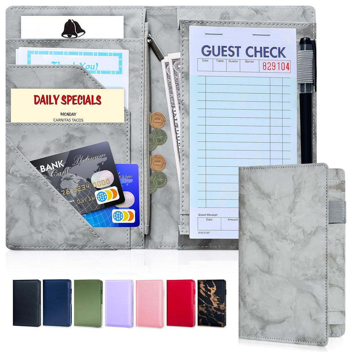 LINTRU 5x8 Server Book, 7 Pocket Zipper Organizer, Fits Apron, Marble Grey
