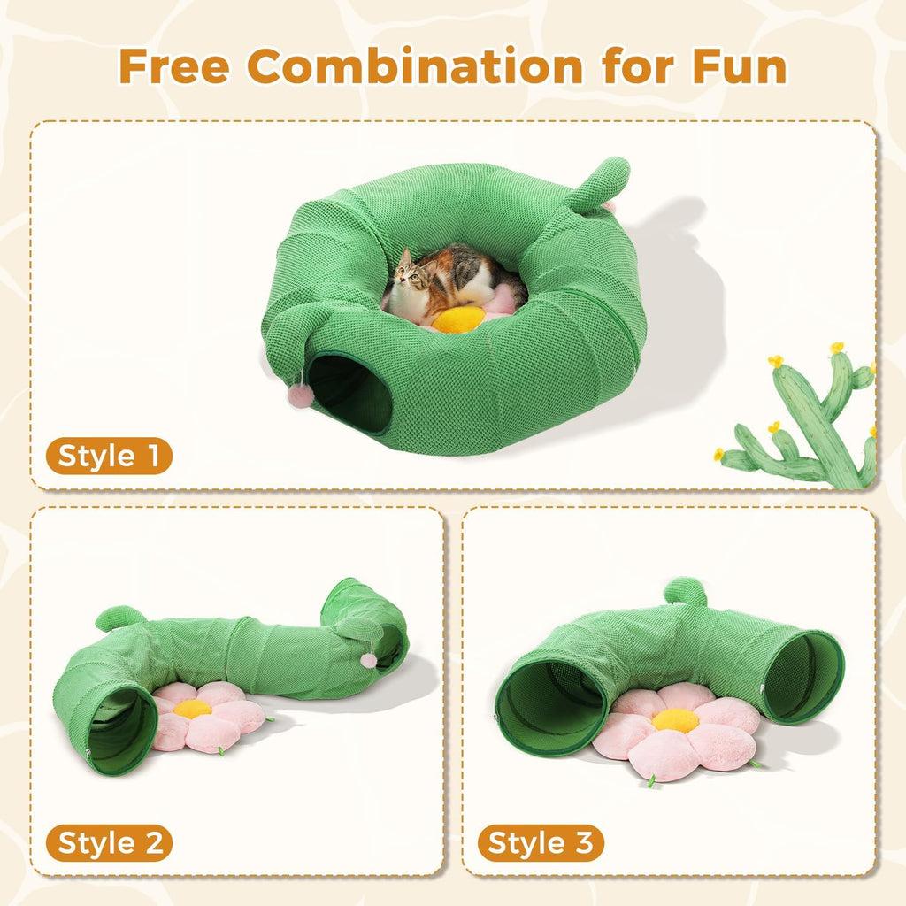PAWZ Road Cactus Cat Tunnel Collapsible Cat Donut Tunnel with Flower Bed