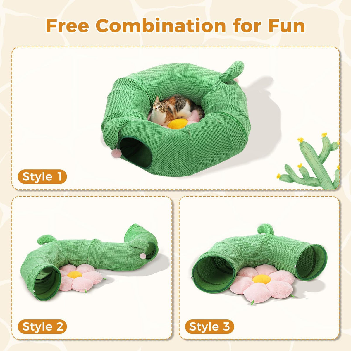 PAWZ Road Cactus Cat Tunnel Collapsible Cat Donut Tunnel with Flower Bed