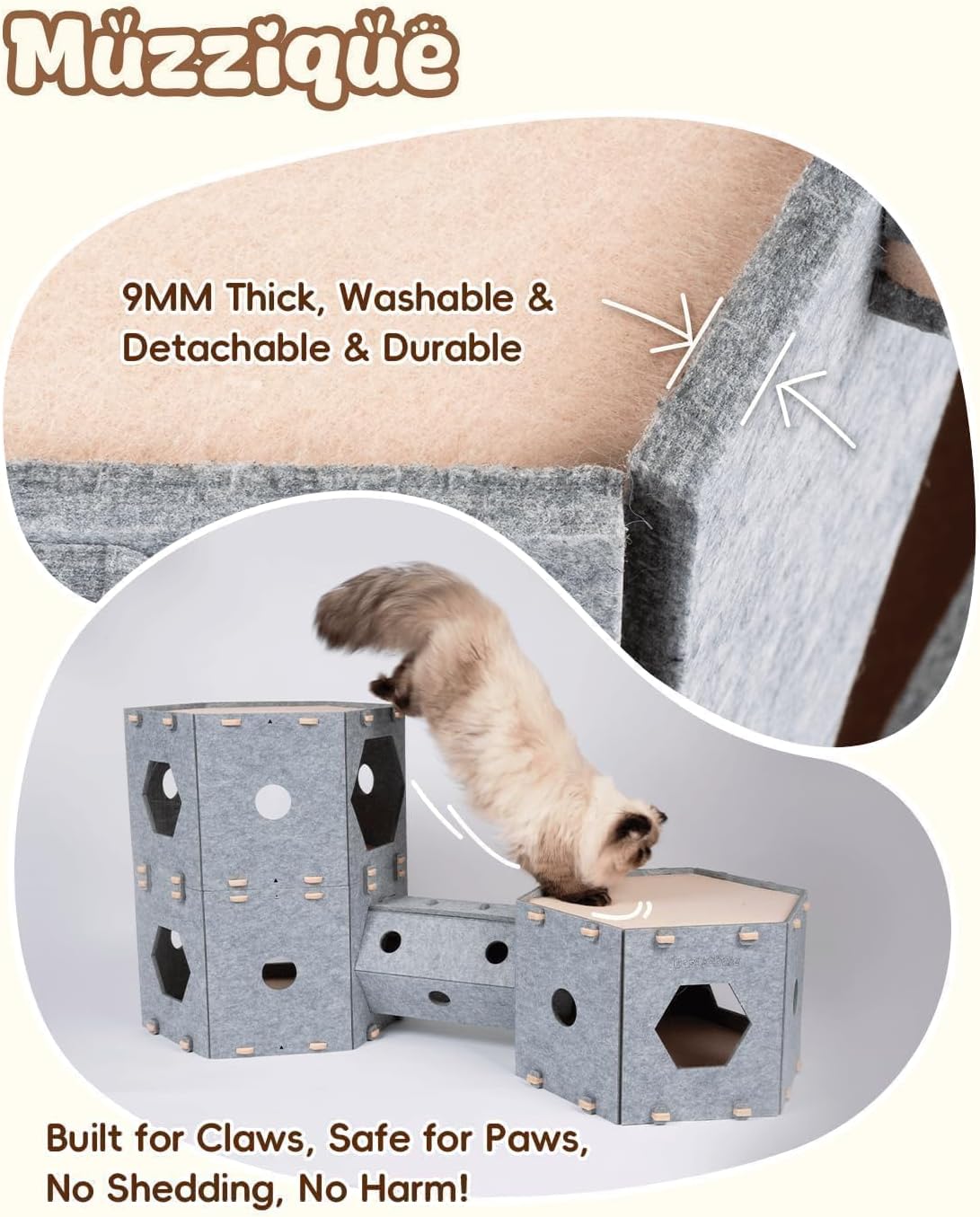 Thickened Felt Cat House, with Hair Brush, Large Cat Castle, Cat Tunnel Bed