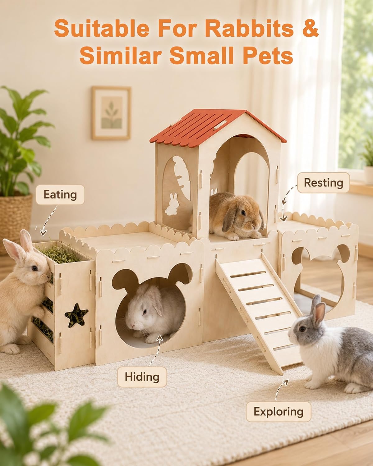 Extra Large Rabbit Castle with 2 Soft Fleece Mats and Hay Feeder,