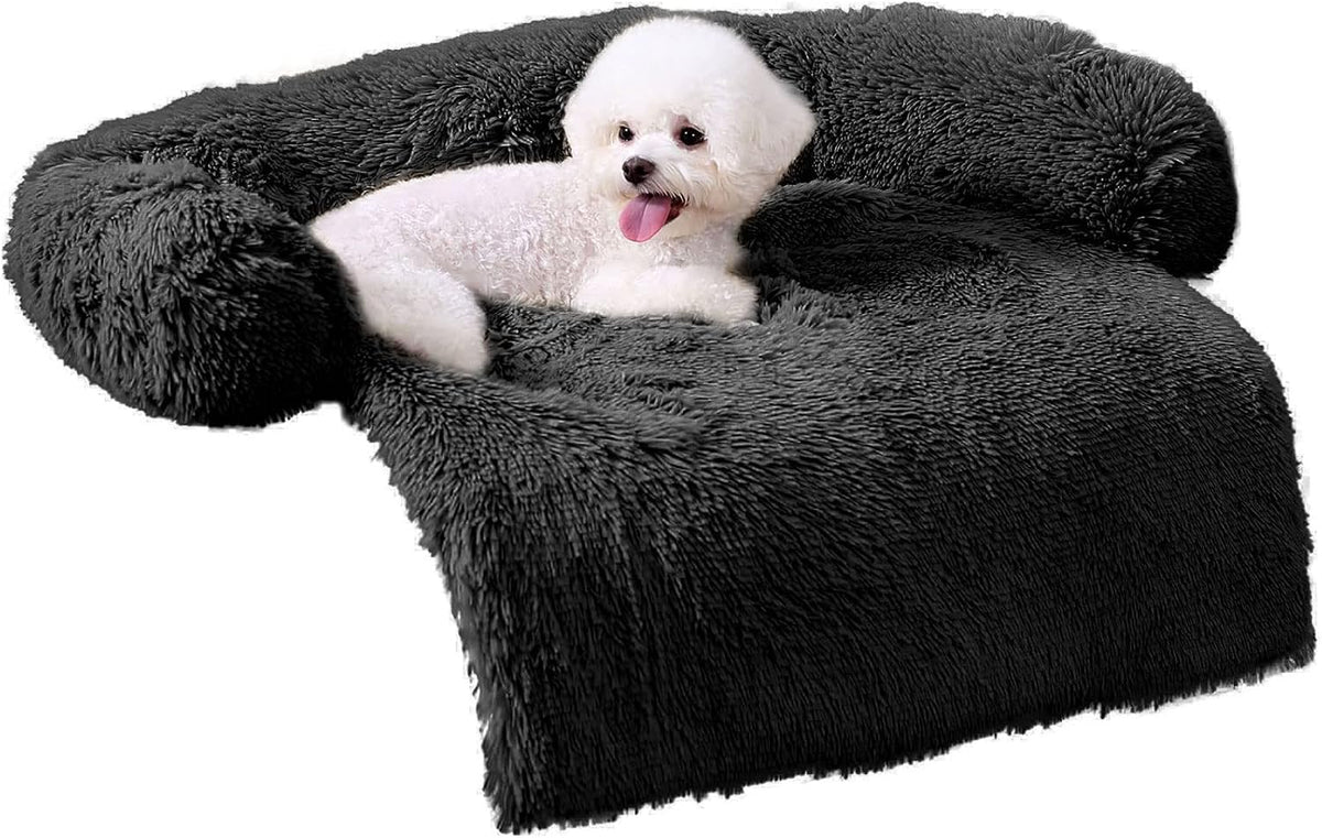 HACHIKITTY Calming Pet Sofa Bed Mat, Washable Fluffy Couch Cover for Dogs and Cats, Anti-Slip Bottom (30"x 27"x 6", Camel)