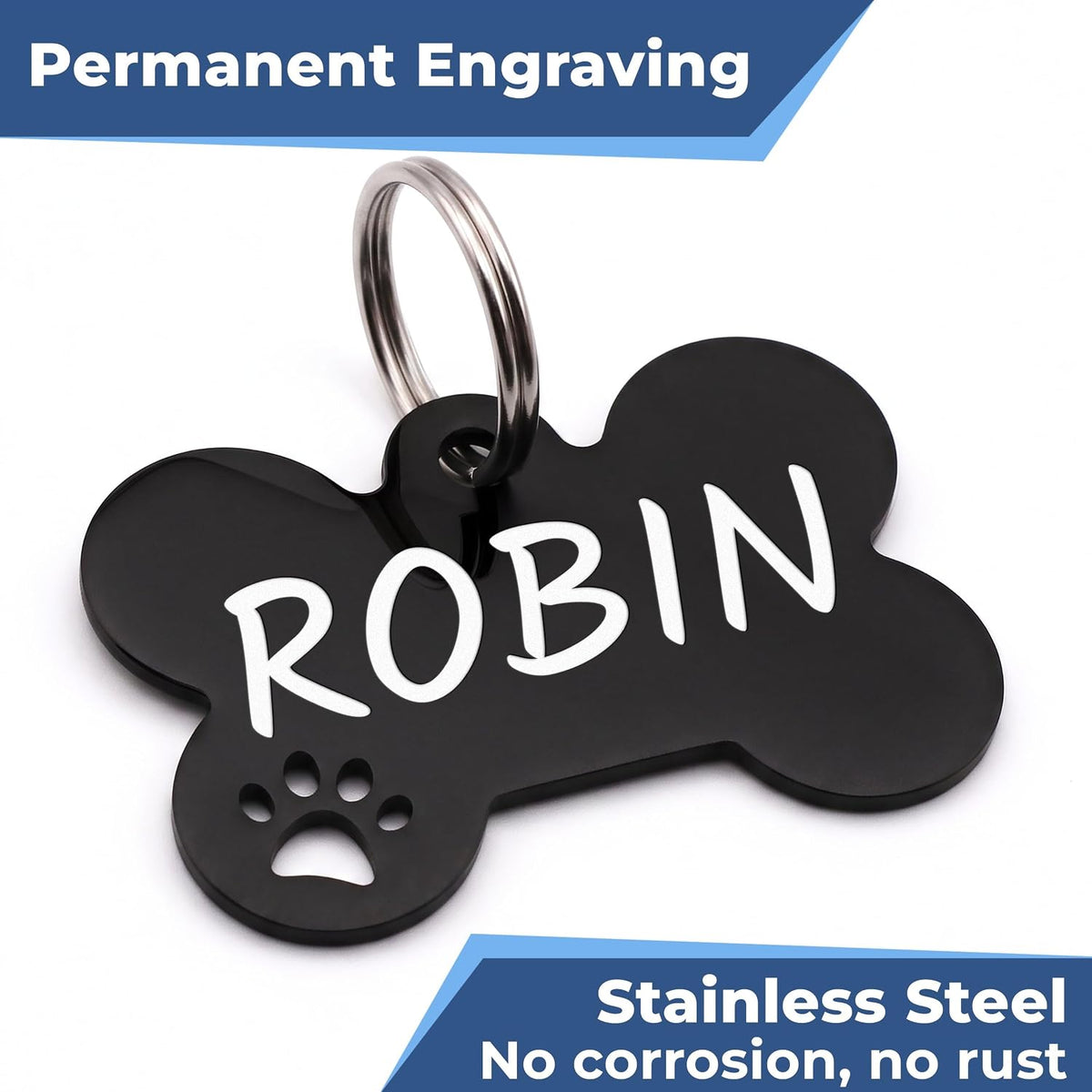 GoTags Personalized Steel Dog Tags - Engraved Bone Pet ID Tag with Paw