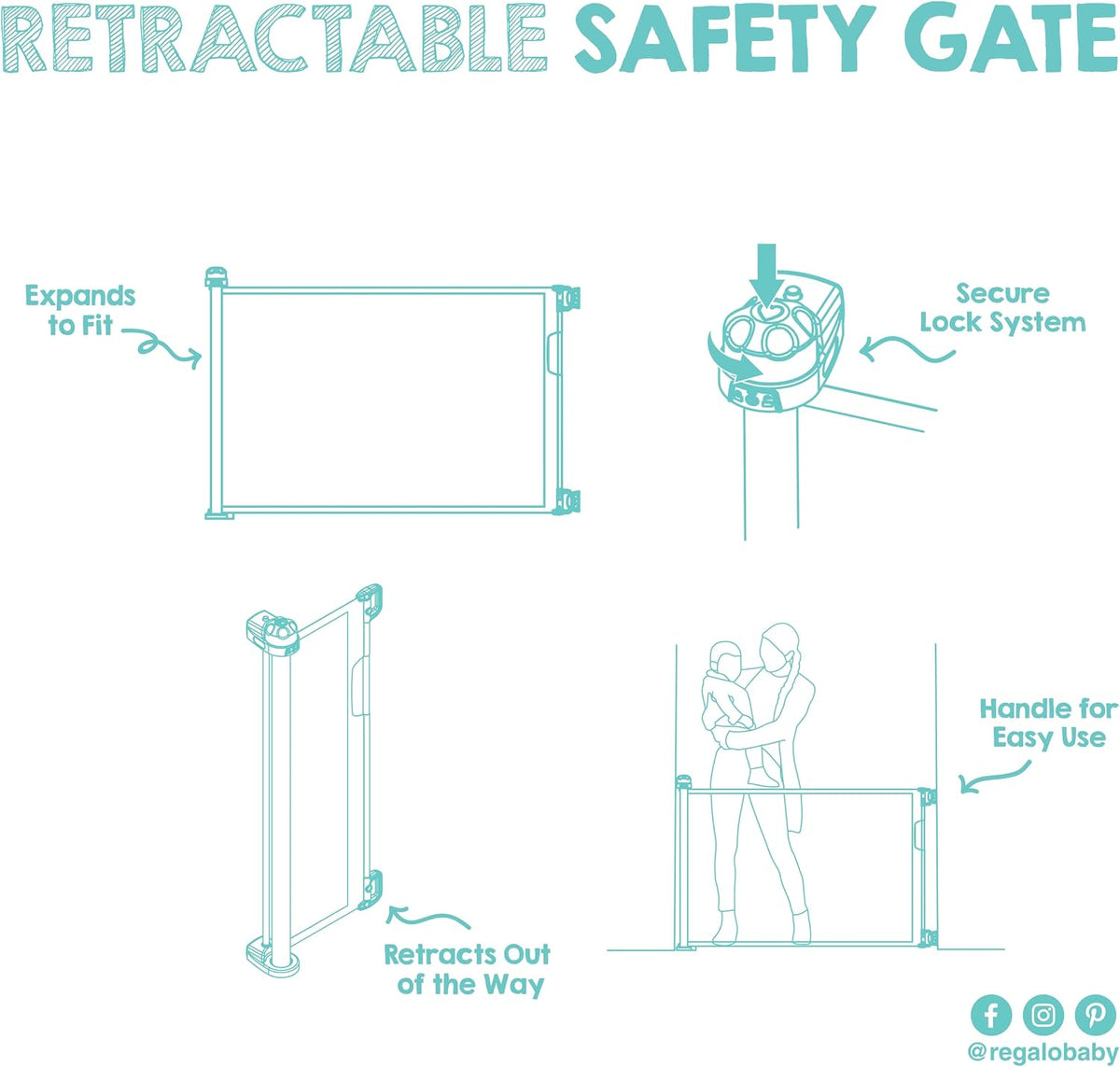Regalo Safety 50" Retractable Mesh Baby Gate, Bottom of Stairs & Doorways