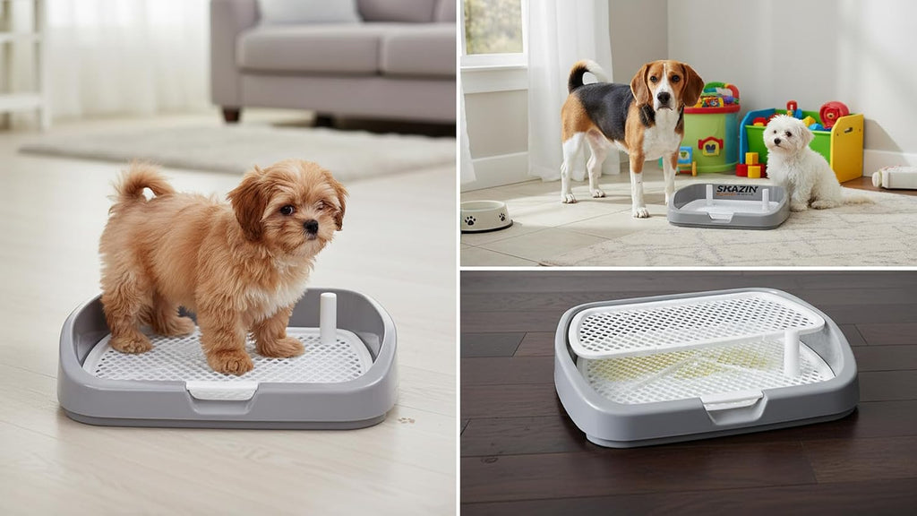 Dog Pee Pad Holder Tray with Raised Non-Locking Grate, Indoor Puppy Potty Training Pad Holder, Removable Training Post, Leak-Proof Design for Small to Medium Dogs, 21" L x 5" W x 17" H