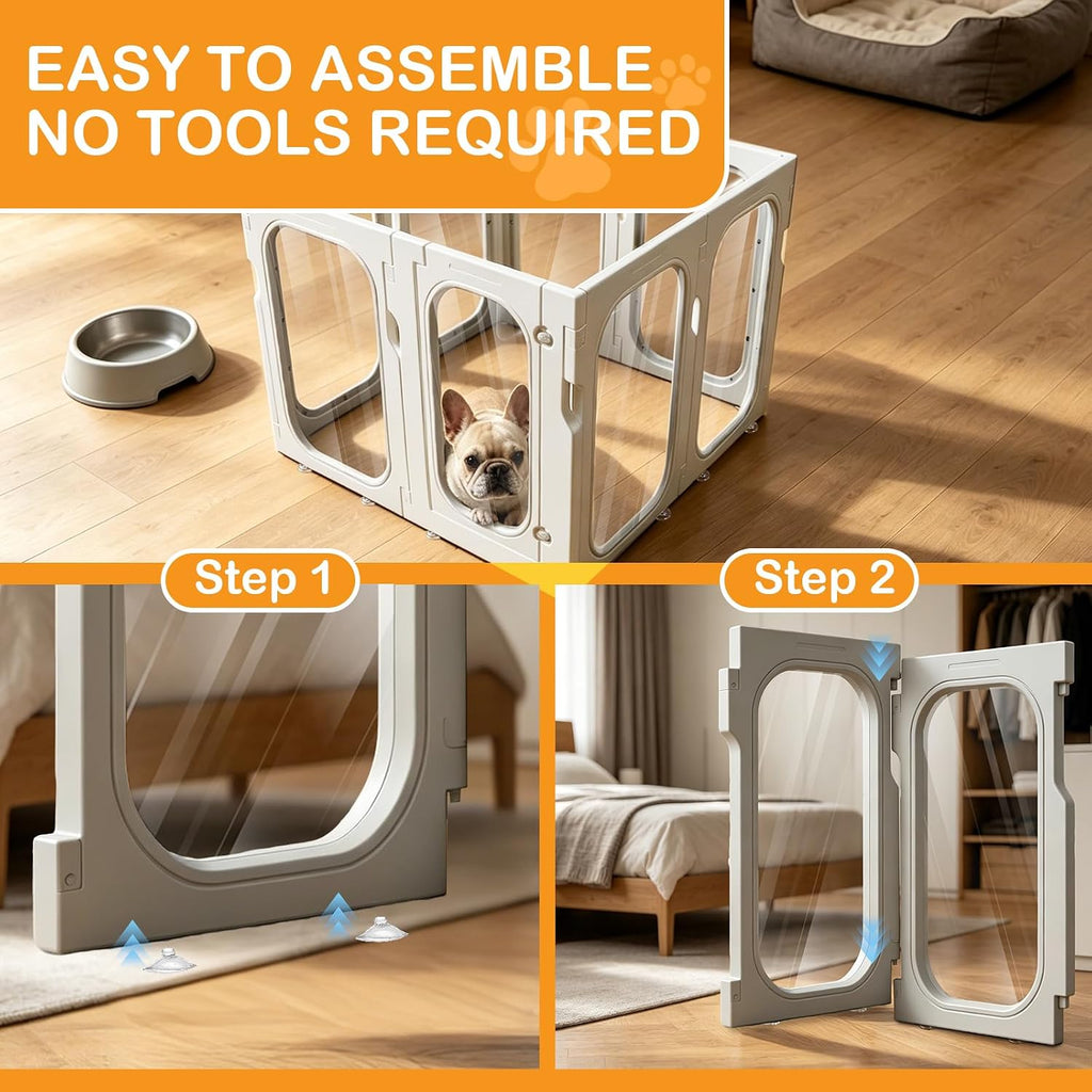 Acrylic Dog Playpen, 10-Panel Clear Transparent Puppy Playpen for Small Dogs Indoor Outdoor, Easy Assembly Foldable Pet Exercise Pen with Locking Door (White, 25.6 INCH, 10 Panels)