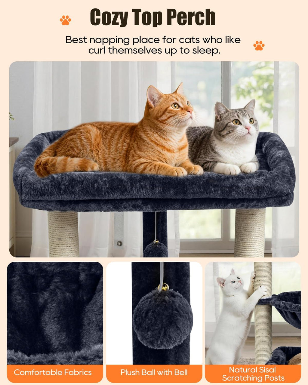SYANDLVY 3 Level Cat Tree for Large Cats with Top Perch, Hammock/Bottom Bed