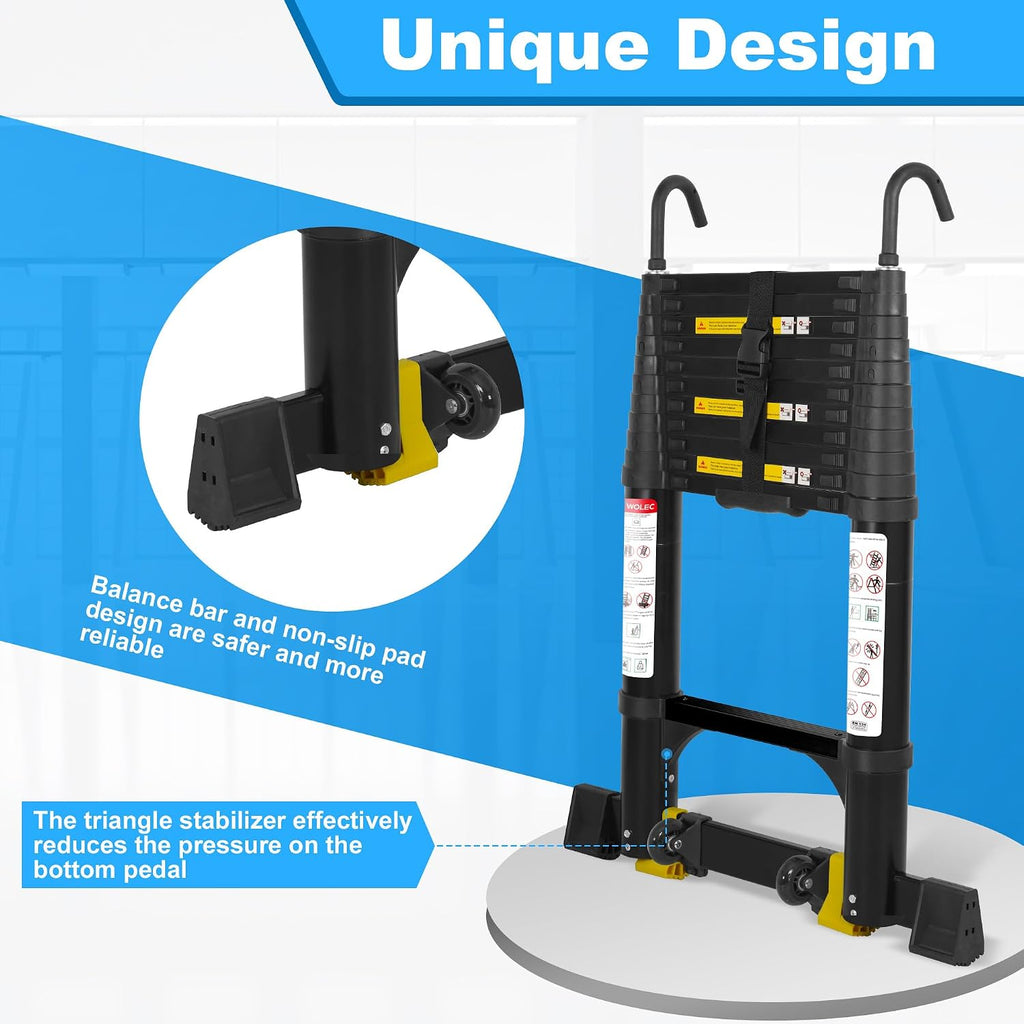 Telescoping Ladder with Hooks, 20.3 FT, Stabilizer & Wheels, Black