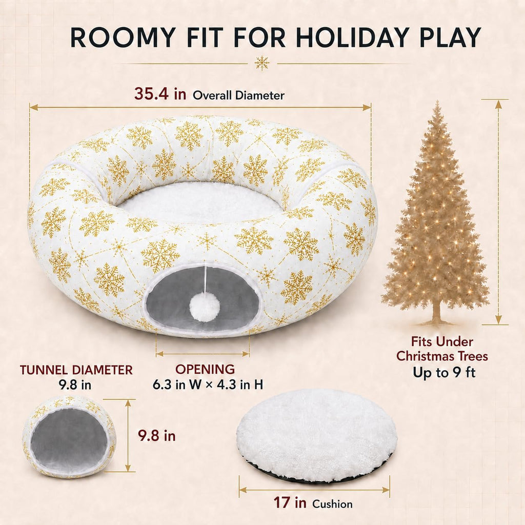 Plush Cat Tunnel Bed, Snowflake Pattern, White