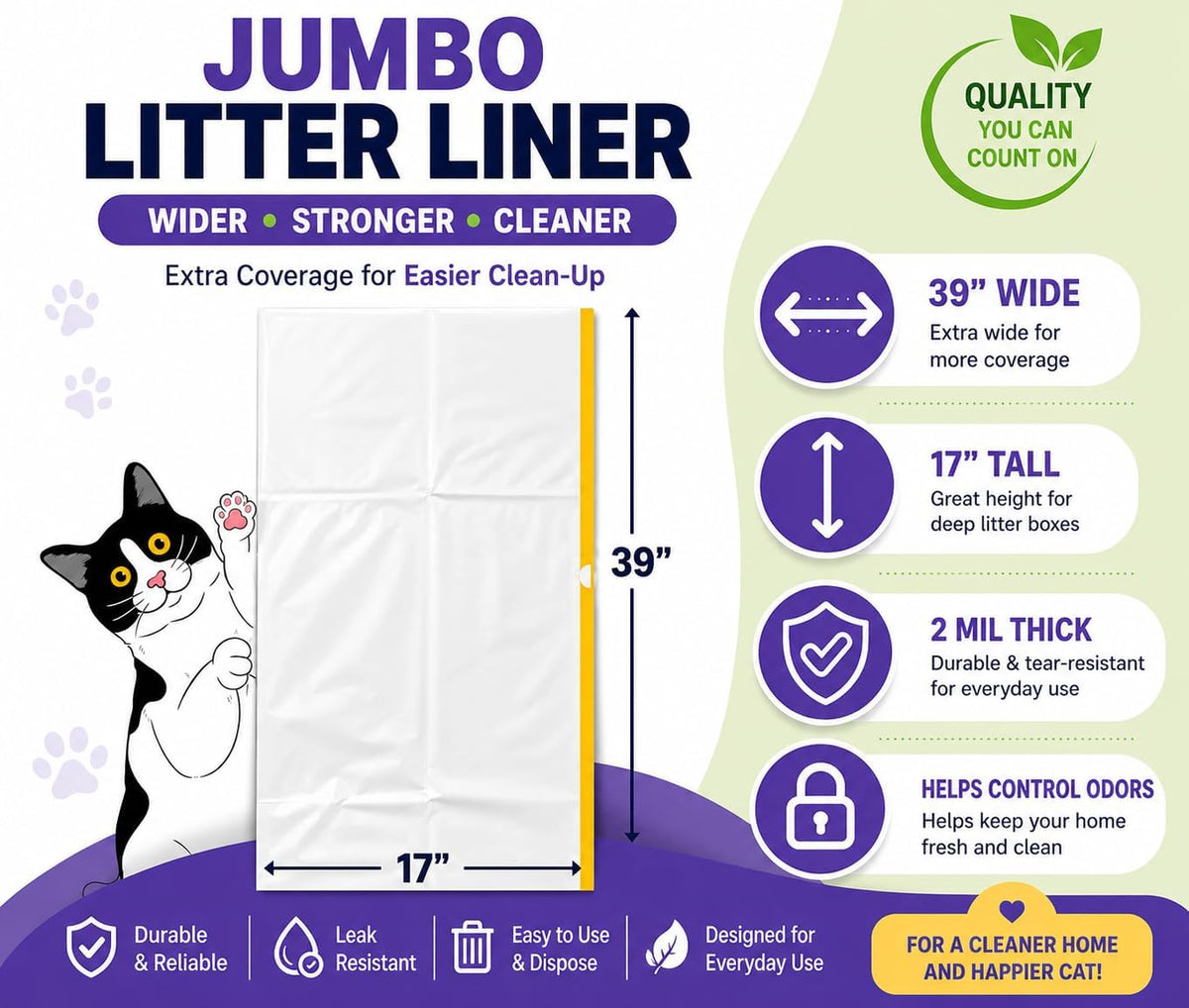 Cat Litter Box Liners Drawstring XL (30 Bags) 39" x 17" Super Jumbo Scratch Resistant Extra Heavy 2 Mil Disposable Litter Box Liner Cat Litter Tray Bags (30 Count)