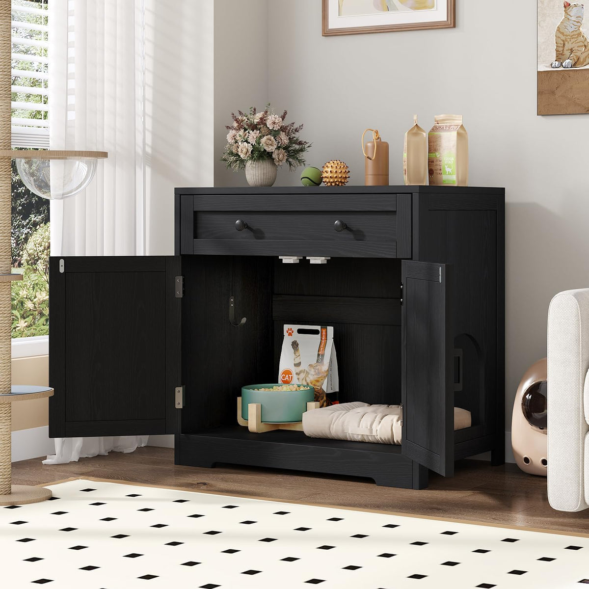 knoworld Cat Litter Box Enclosure with Storage Drawers,Black